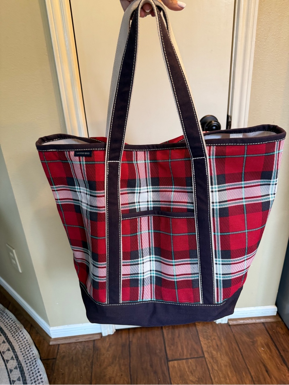 Lands’ End Medium Plaid Canvas Tote Bag Red Black White Preppy Holiday Carryall - Picture 3 of 10
